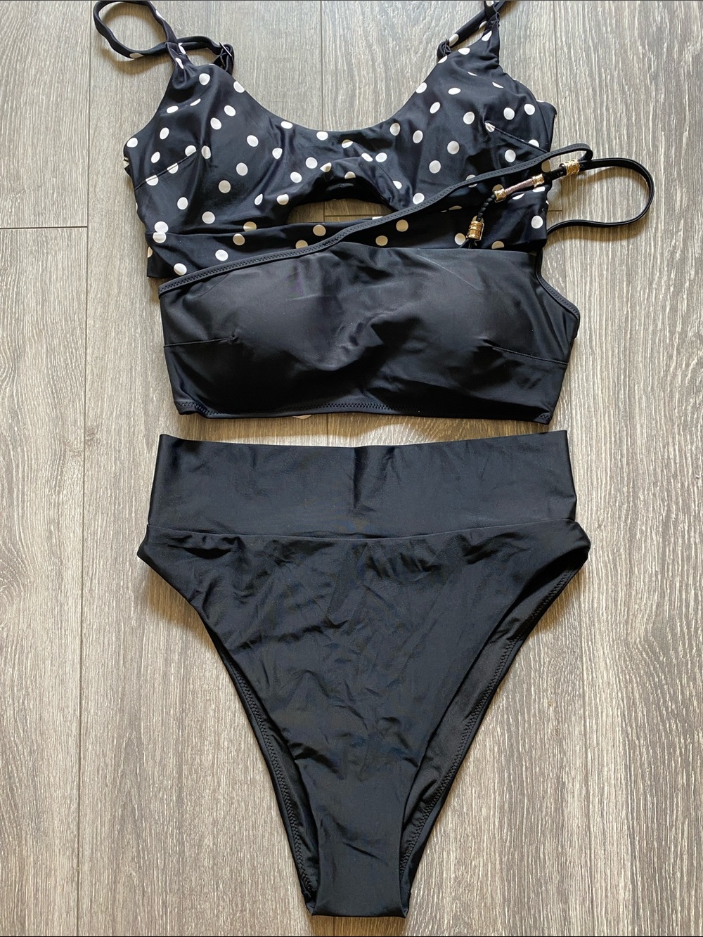 aerie Black Polka Dot & Solid High-Waist Bikini Set.  B1